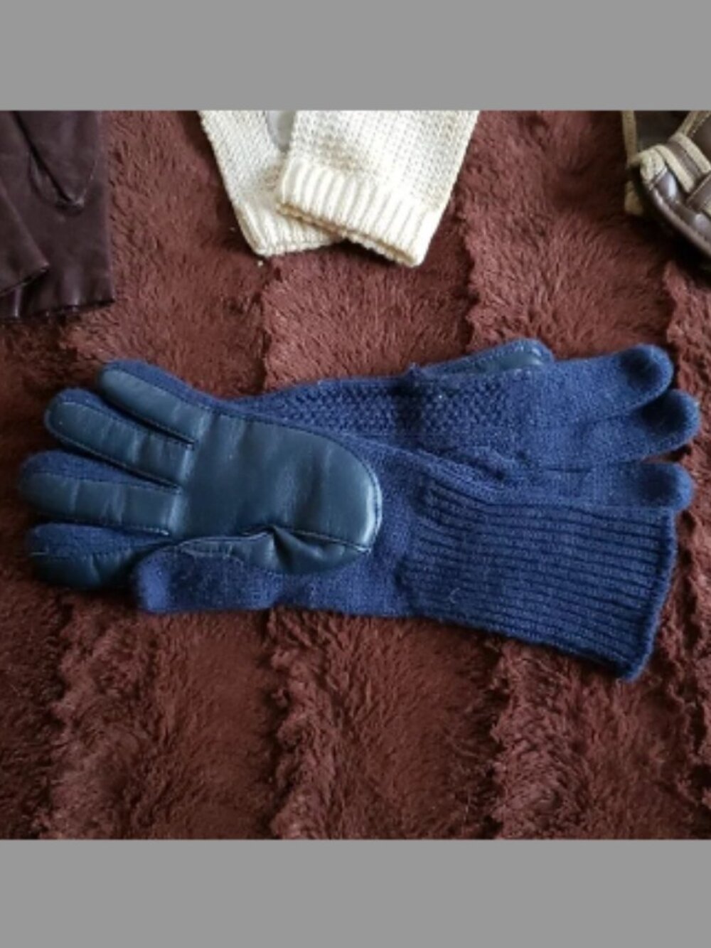 Vintage blue on blue cable knit gloves with leather palm patches